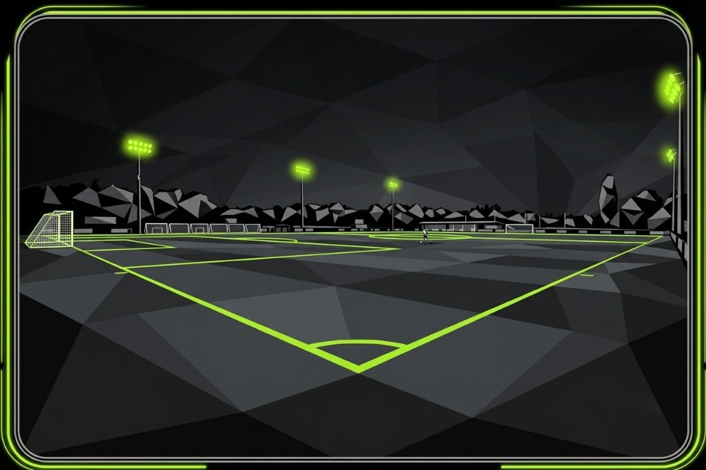 Wide neon-lined pitch under floodlights